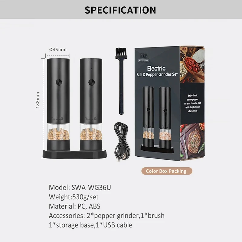 Type-c Rechargeable Electric Salt And Pepper Grinder 4 Level Convenient Recycled Coarseness Auto Spices Grinders Cooking Tool