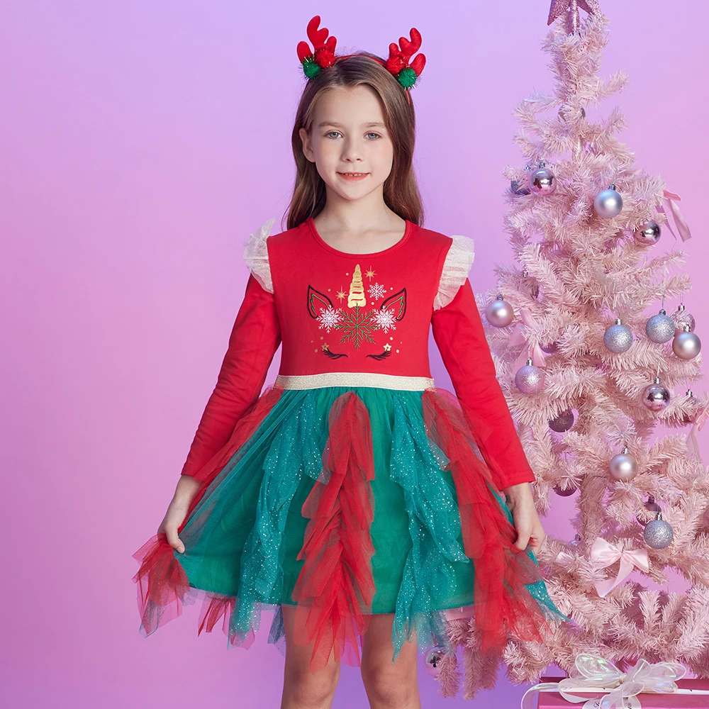 Dxton festliches kleid für mädchen winter party prinzessin kleid fliegende ärmel rot neujahrs kinder kleider elegante kinder kostüme – Detail 2