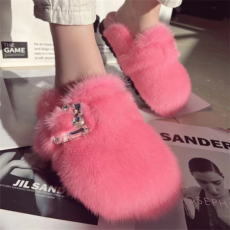 

Женские меховые тапочки, теплые домашние тапки из натурального меха норки, повседневная обувь на плоской подошве, для зимы