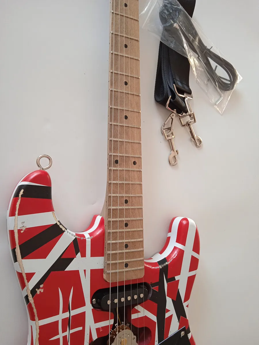 

5150 Electric Guitar /Edward Eddie Van Halen Heavy Relic Red Franken Black White Stripes Floyd Rose Tremolo Bridge Frankenstein