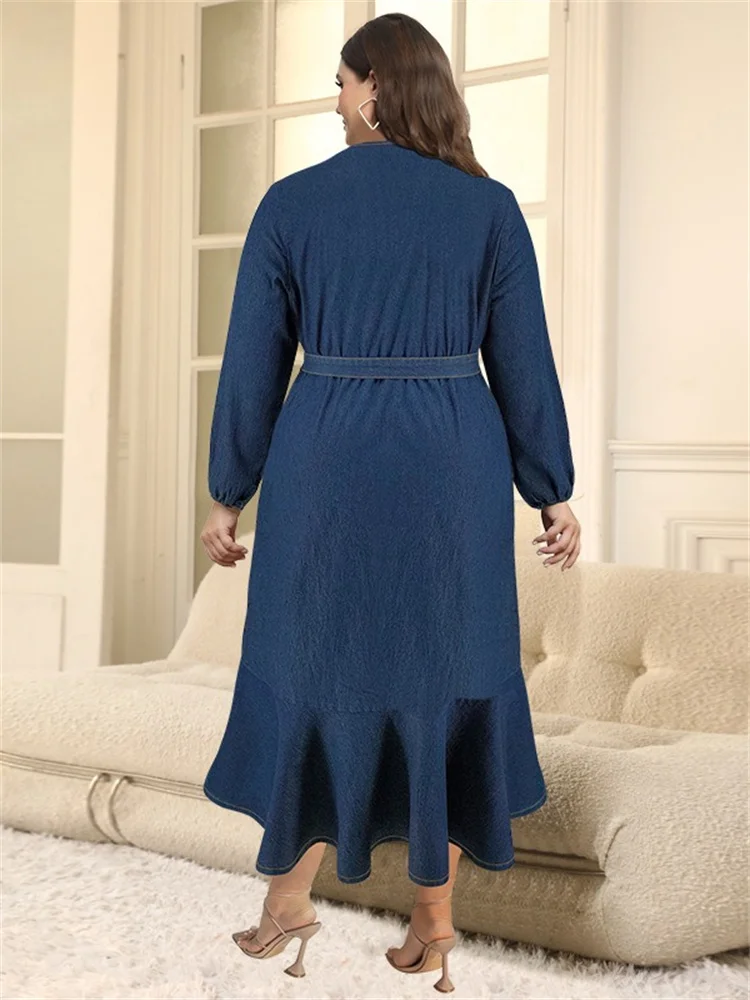 Wmstar Plus Size Autumn  Women Fashion Denim Straps Long Sleeves V Neck Irregular Long Dresses Over Size Wholesale Dropshipping