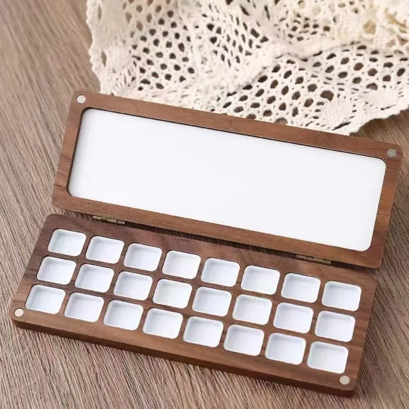 Empty Watercolor Palette Travel Portable 24Grid Walnut Paint Box Watercolor Storage Artist Painting Art Supplies