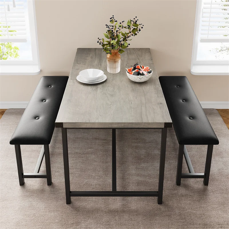 3Pcs Kitchen Dining Table Set with Upholstered Benches, Space-Saving Rectangular Bench Dining Table Set for Room