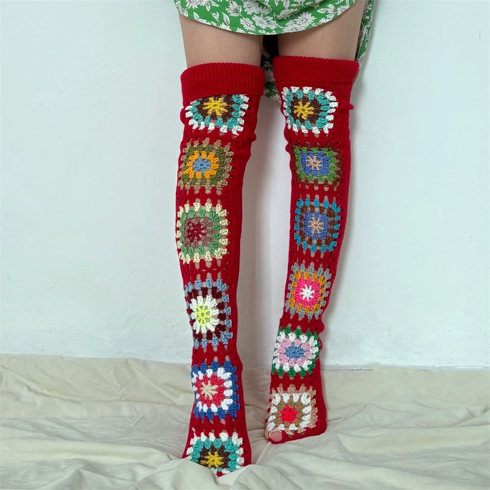 Handmade Crochet Knee High Socks with Floral Design Cozy Winter Leg Warmers for Women Fashion Accessories