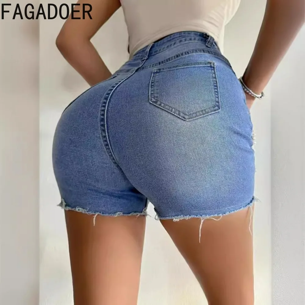 FAGADOER Fashion Hollow Out Hole Bead Chain Jean Shorts Women High Waisted Button Pocket Slim Shorts Summer New Denim Bottoms