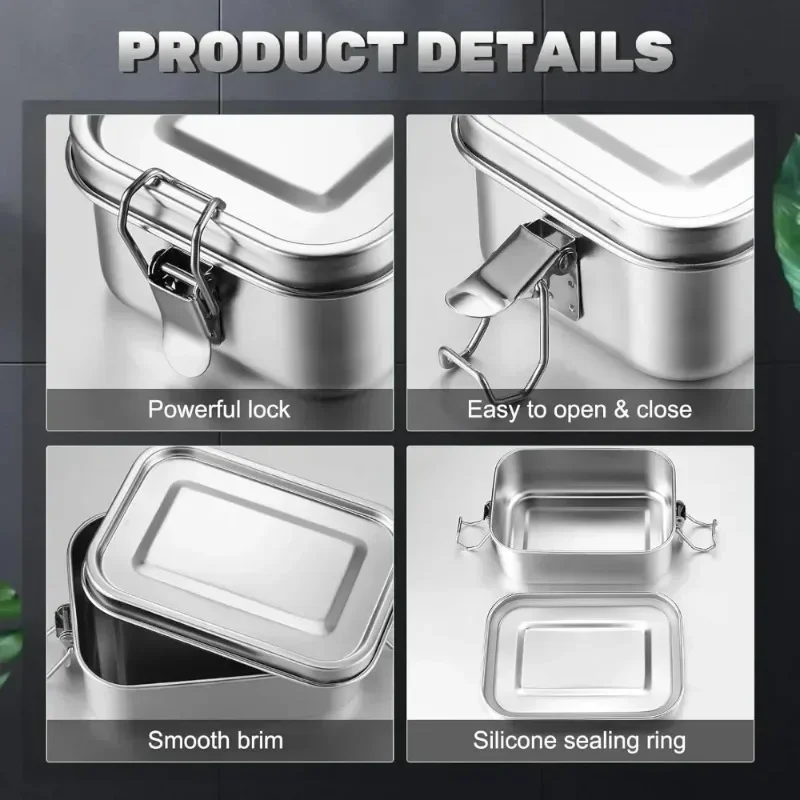 Portable Stainless Steel Lunch Box for Kids and Adults, Leak-Proof Bento Box, Travel Food Meal Prep Container Dishwasher Safe