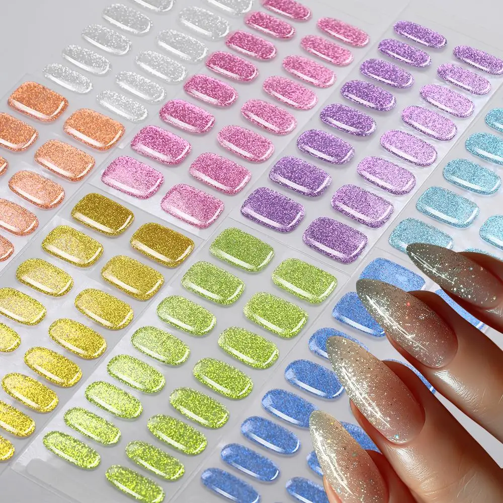 16팁/박스 글리터 세미큐어드 젤 네일 스티커 풀커버 셀프 접착식 프레스온 네일..