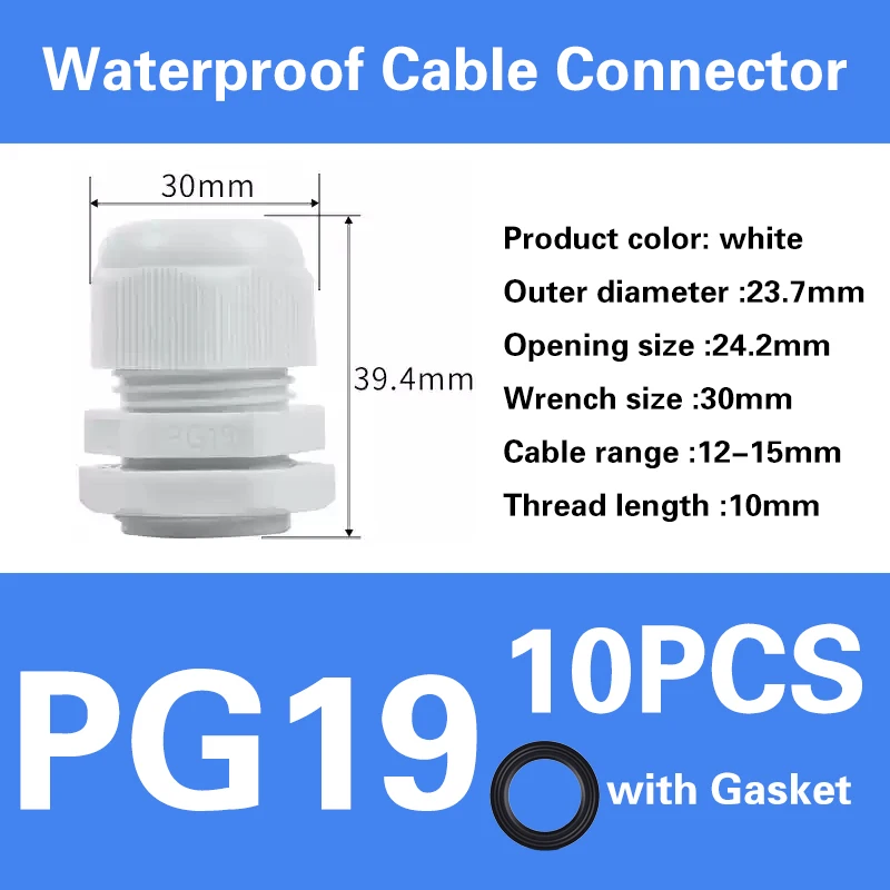 Waterproof IP68 Nylon Cable Gland Connector - White/Black