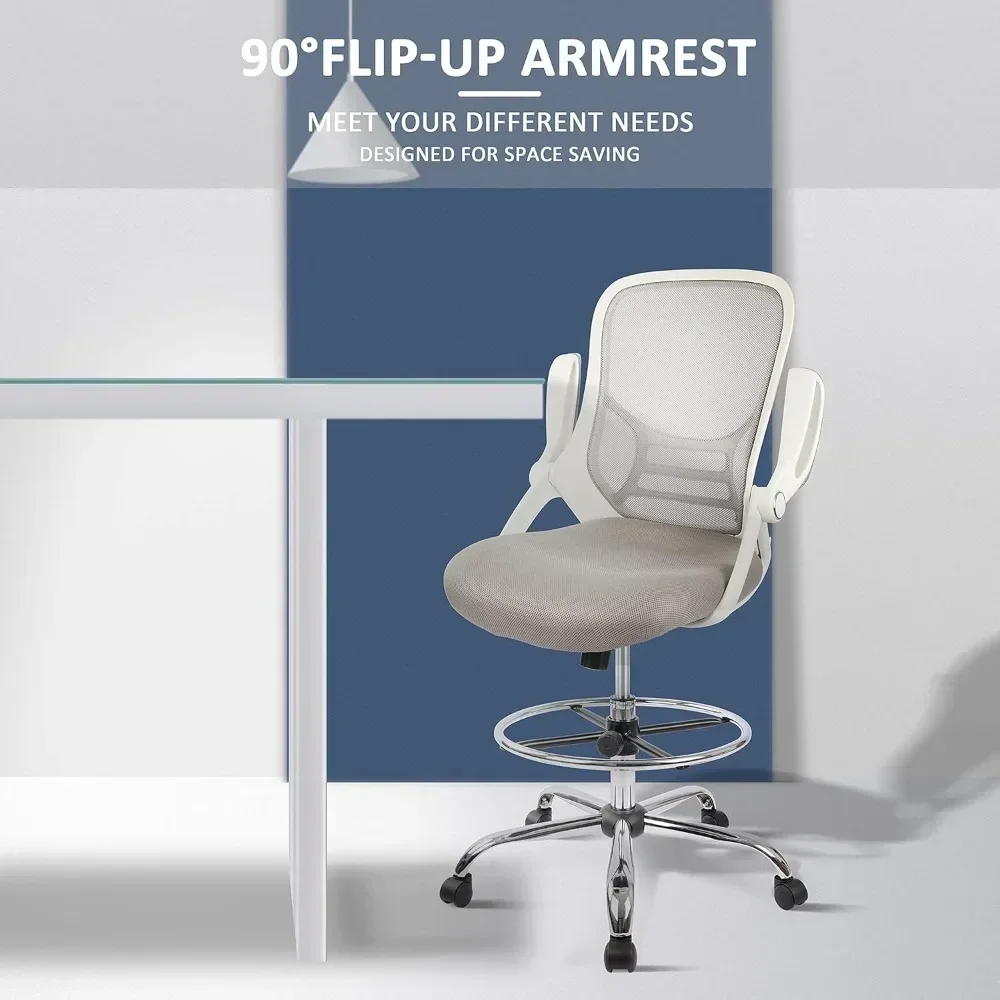 "ergonomic high-back drafting chair with adjustable footrest, flip-up armrests, and mesh back for standing desks"
