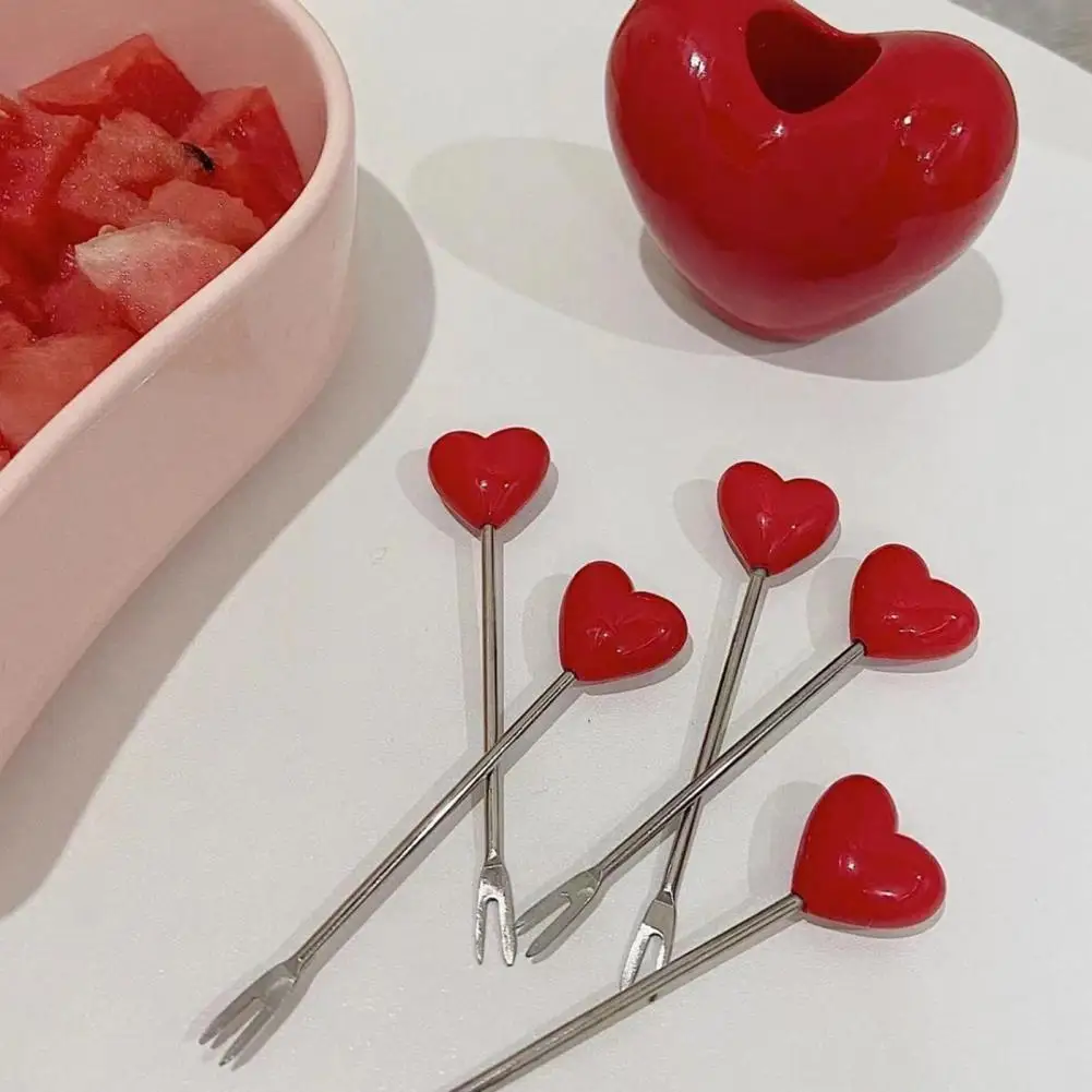 5/10Pcs 9cm Heart-Shaped Fruit Forks Set Vinyl Dessert Cake Appetizer Cocktail Picks With Love Holder Reusable Kitchen Utensils