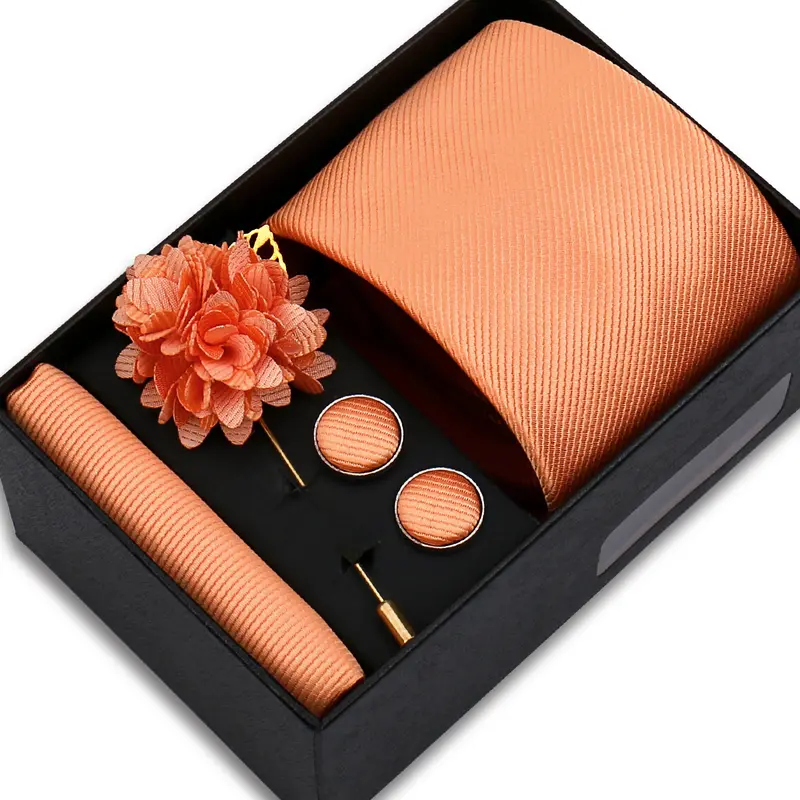 Top Quality Solid color Ties Hanky Cufflinks Brooch Set Elegant Jacquard Necktie For Men Business Wedding In Gift Box Gravatas - Image 9