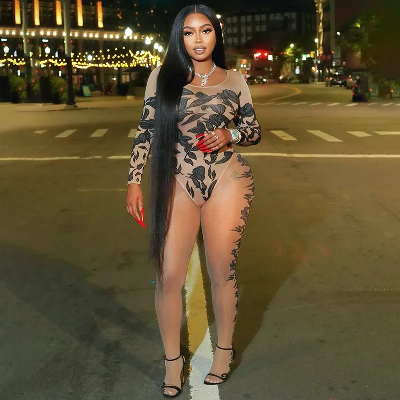 

Женский прозрачный комплект из двух предметов с сетчатым принтом, новинка весны 2024, боди с длинным рукавом и U-образным вырезом, носки с высокой талией, облегающие брюки, Женская Клубная одежда