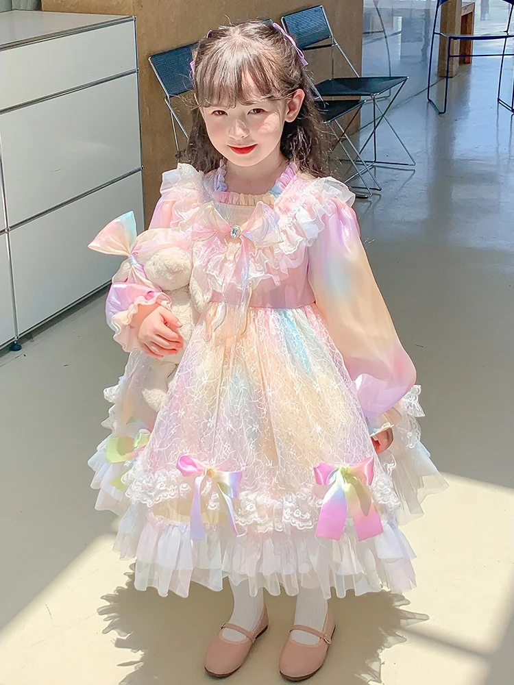 

2024 Rainbow Dress High-End Bestselling Dress For Girls Lolita Princess Style Airy And Fluffy Skirt For Little Girls