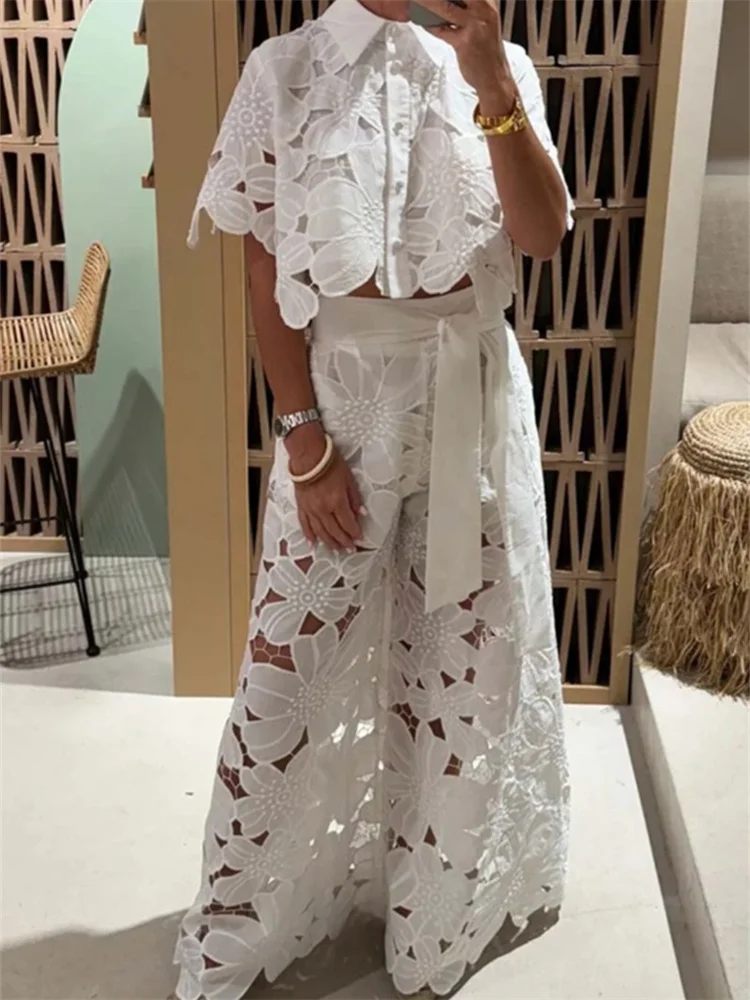 Wmstar Two Piece Set Women Hollow Out Wide Leg Pants Set Model