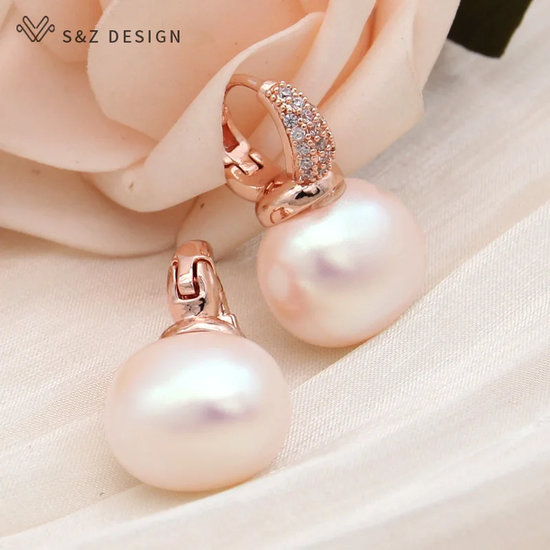 S&Z DESIGN New Fashion Round Rectangle Simulated-pearl Bead Drop Earrings For Women 585 Rose Gold Color Cubic Zirconia Eardrop