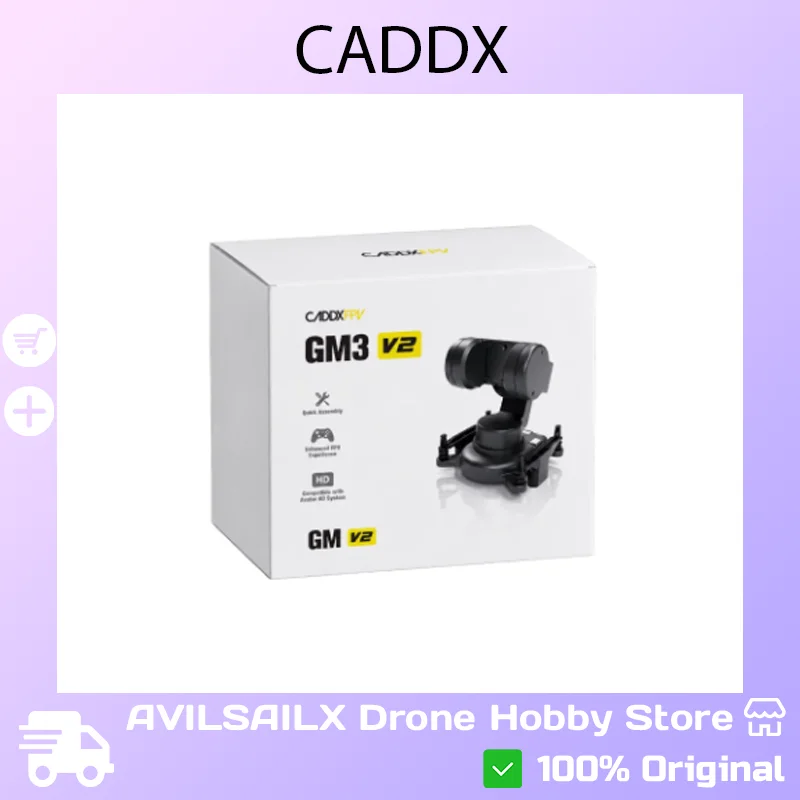 Drone professionnel GM3 V2 blanc en vol, caméra HD orientée vers le bas, paysage visible