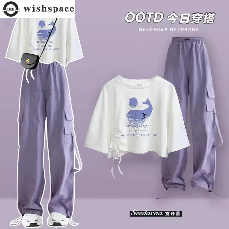 2023 Spring/Summer Set Female Student Korean Version Loose Printed Short Sleeve T-shirt+Workwear Wide Leg Pants Two Piece Set