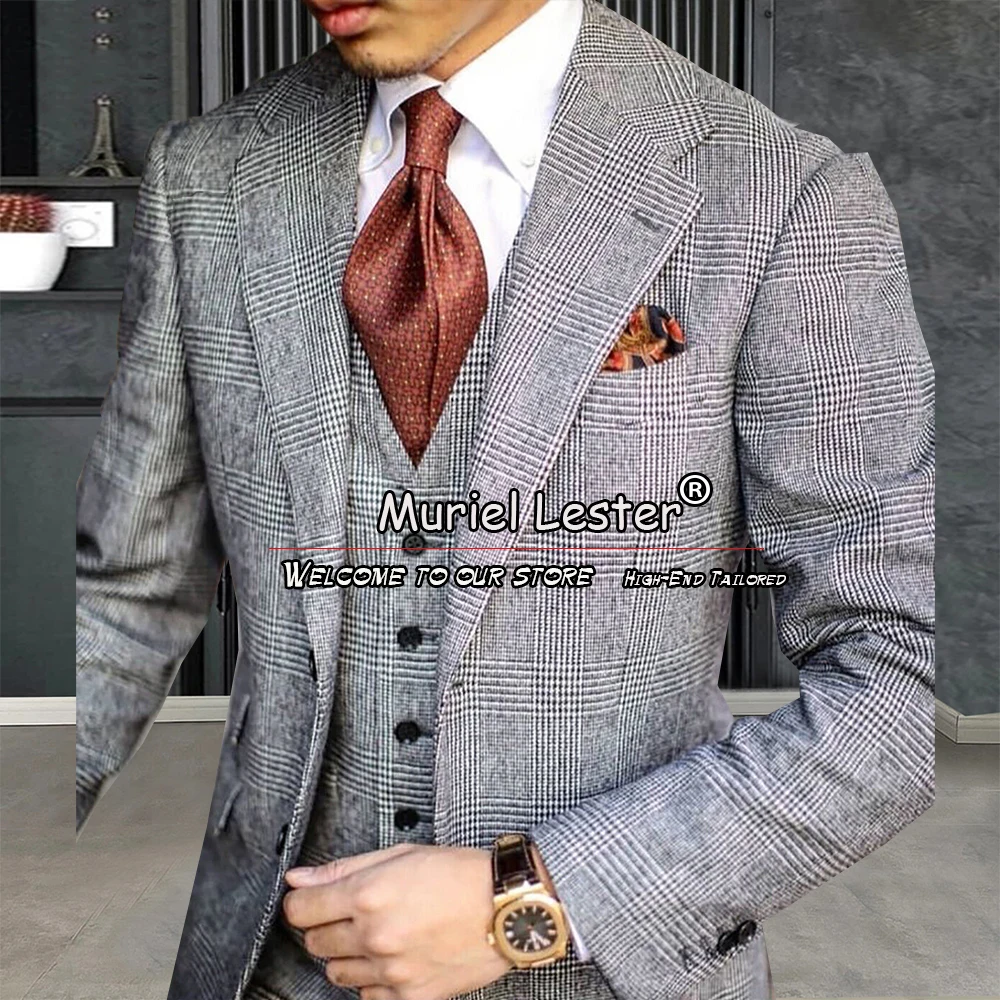

Tailor-Made Plaid Suits Men Slim Fit Dress Formal Business Office Jacket Groom Wear Wedding Tuxedo 3 Pieces Blazer Vest Pants