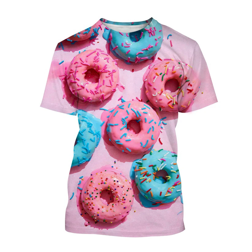 

2023 New Fashion Donut 3D Printing T-shirt Cute Chocolate Donuts Round Neck Short Sleeve Tops Personality Food Harajuku T-shirt