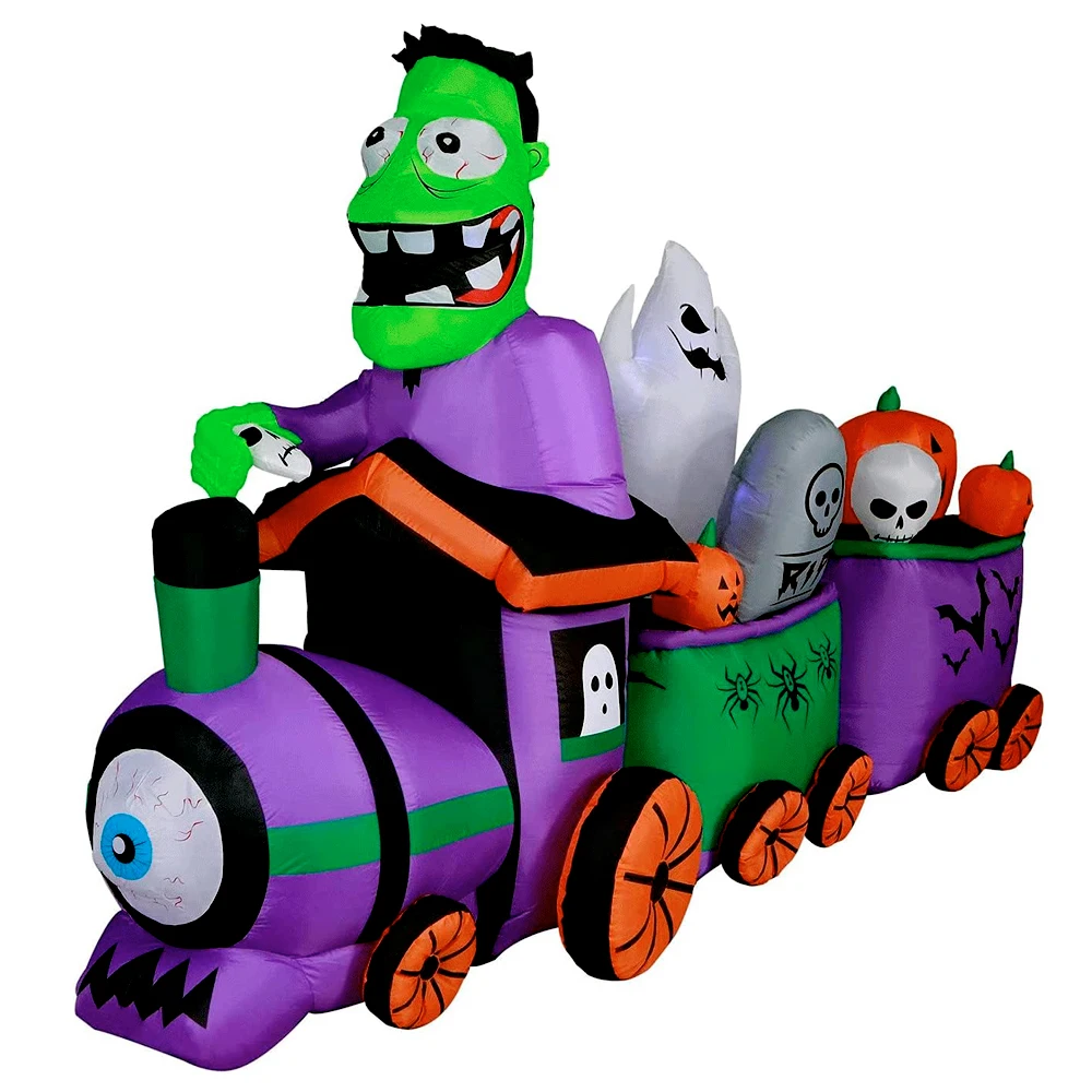 8FT Long Halloween Inflatable Train Ghost Pumkin with LED Light Blow Up Yard Decoration for Holiday Party Outdoor Garden Lawn 6