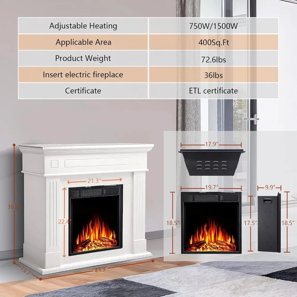 43” Electric Fireplace Mantel Wooden Surround Firebox, TV Stand with Freestanding Electric Fireplace, Remote Control 5