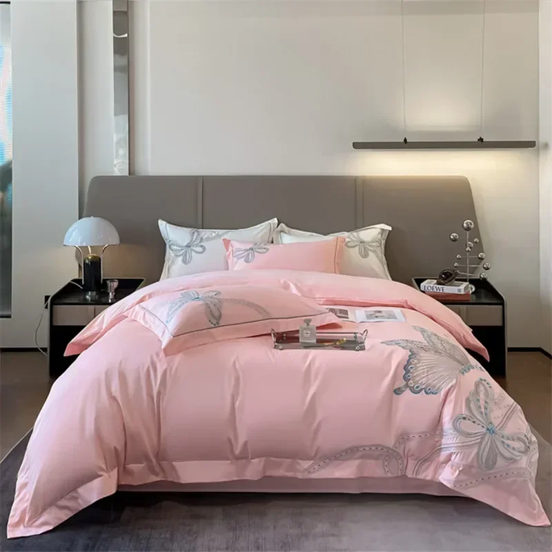 

Bedding Set Luxury Cotton Butterfly Embroidery Comforter Set Duvet Cover Bed Sheets and Pillowcases Queen King Bed Linen 220x240