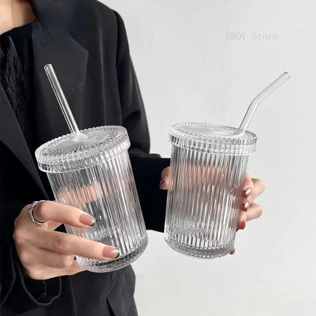 450ml Simple Stripe Coffee Glass Cup With Lid and Straw Transparent Bubble  Tea Cup Juice Glass Milk Mocha Cups Breakfast Mug - AliExpress