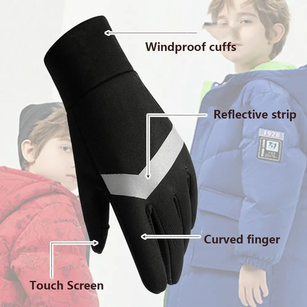 Non-slip Kids Warm Cycling Gloves Touch Screen Full-finger Bicycle Sports Mittens Cold Wingproof Reflect