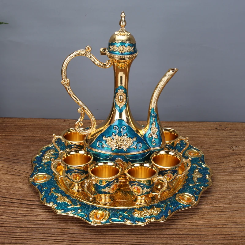 

European Zinc Alloy Tea Sets Gold & Blue Color Metal Wine Tea Set Drinkware High Quality Home Drinking Accessories Supplies