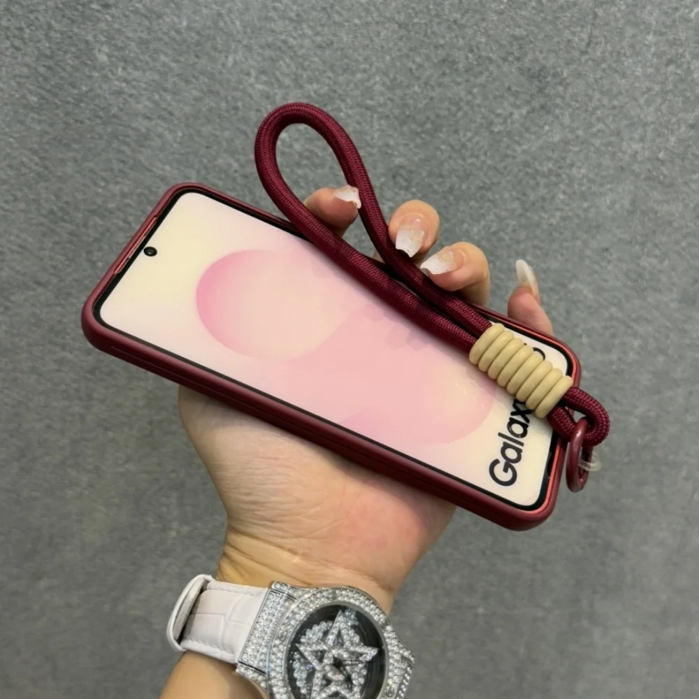 Folding Metal Stand Phone Case with Wrist Strap and Lanyard - Solid Color Matte Silicone Cover