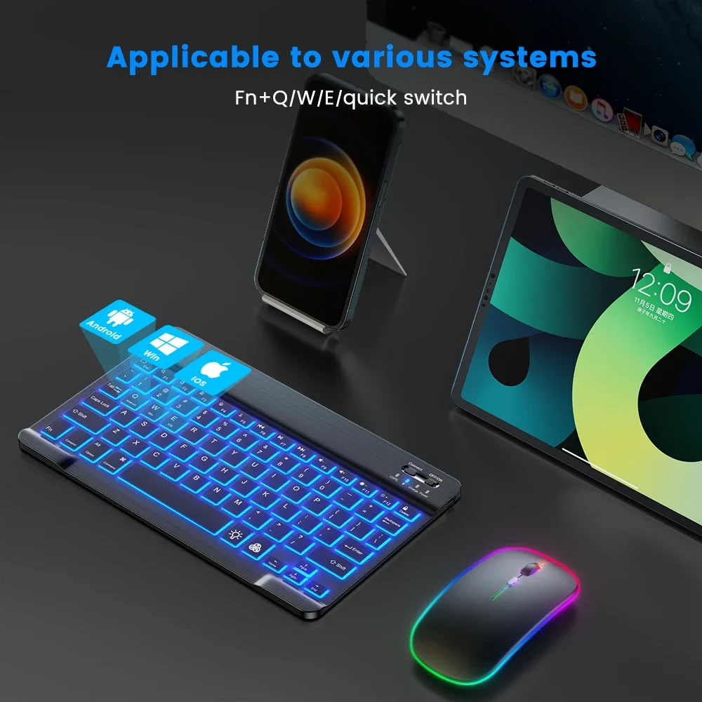 Compact 10-Inch Backlit Wireless Keyboard and Mouse Set for Tablets and Smartphones