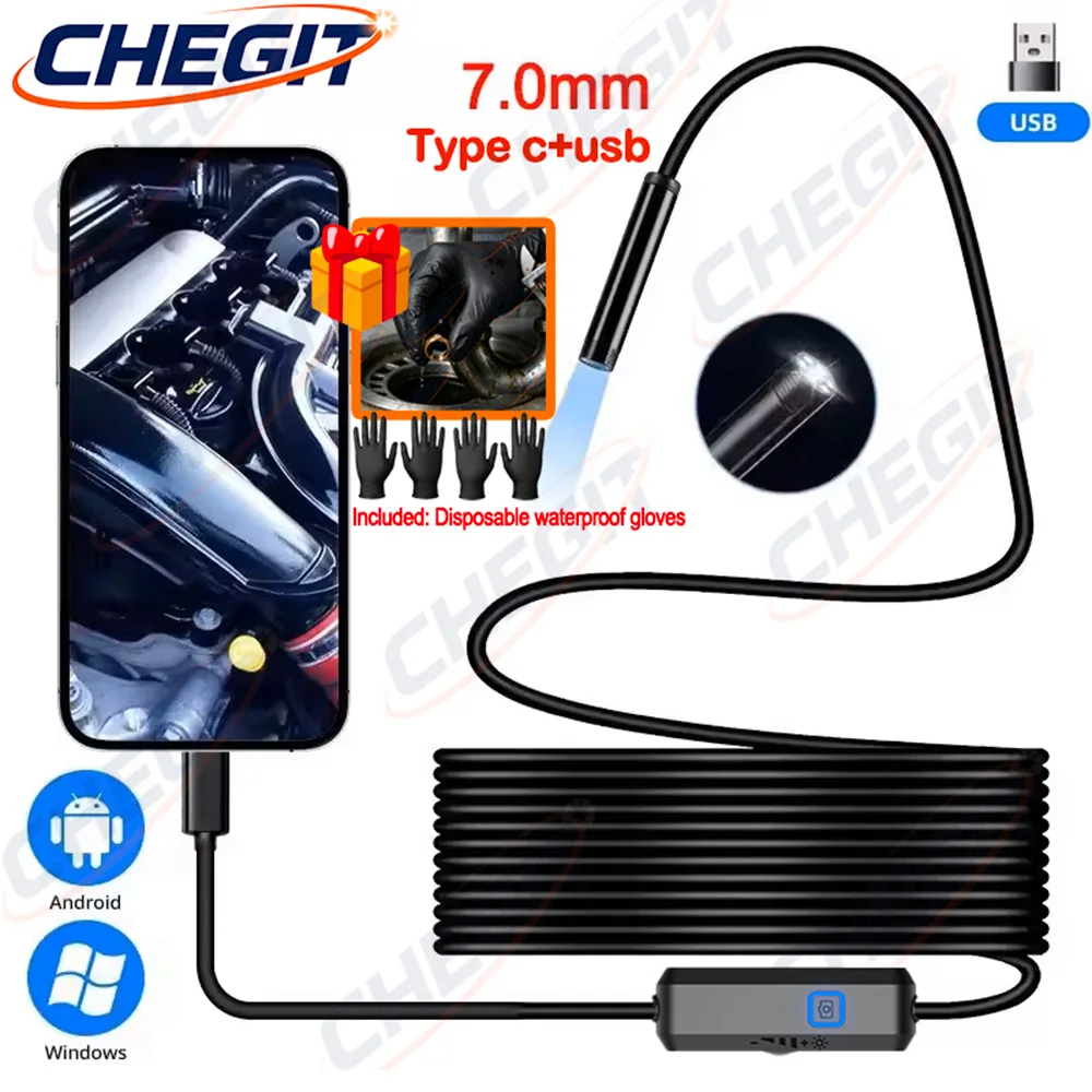 7MM TYPE-C Android Endoscope Camera IP67 Waterproof 6 LED Adjustable Borescope Mini Camera for Pipeline Inspection Gift gloves 1