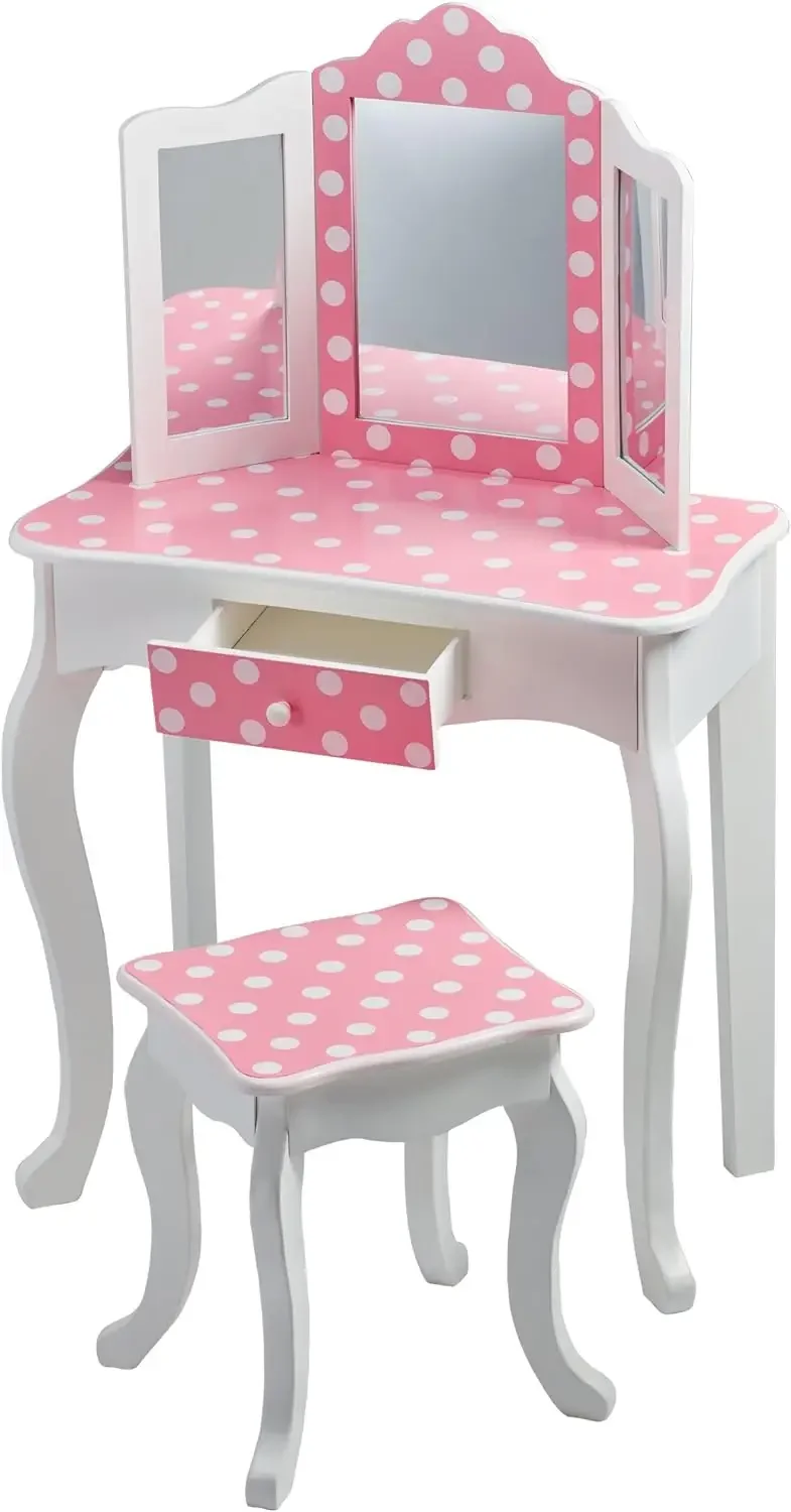 Kids Princess Gisele Polka Dot Print 2-Piece Kids Wooden Play Vanity Set with Vanity Table, Tri-Fold Mirror, Storage Dra 5