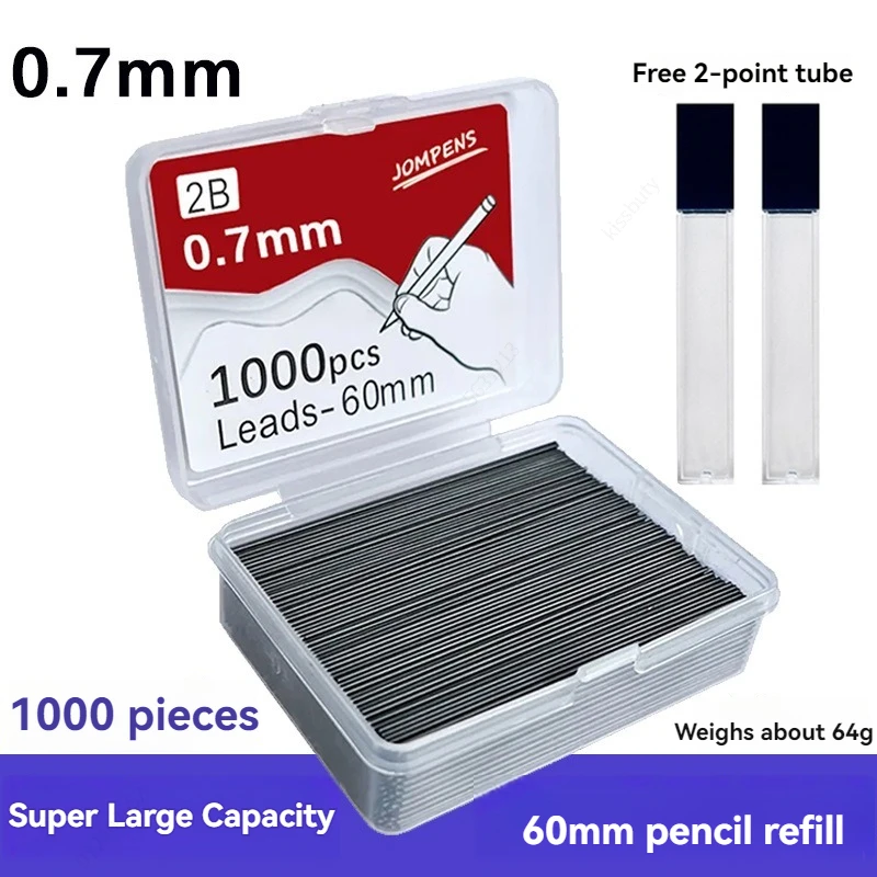 1000pcs Mechanical Pencil Lead 0.5/0.7/0.9mm 2B 60mm Art Drawing Automatic Pencil Replaceable Refills with 2 Tubes Stationery 5