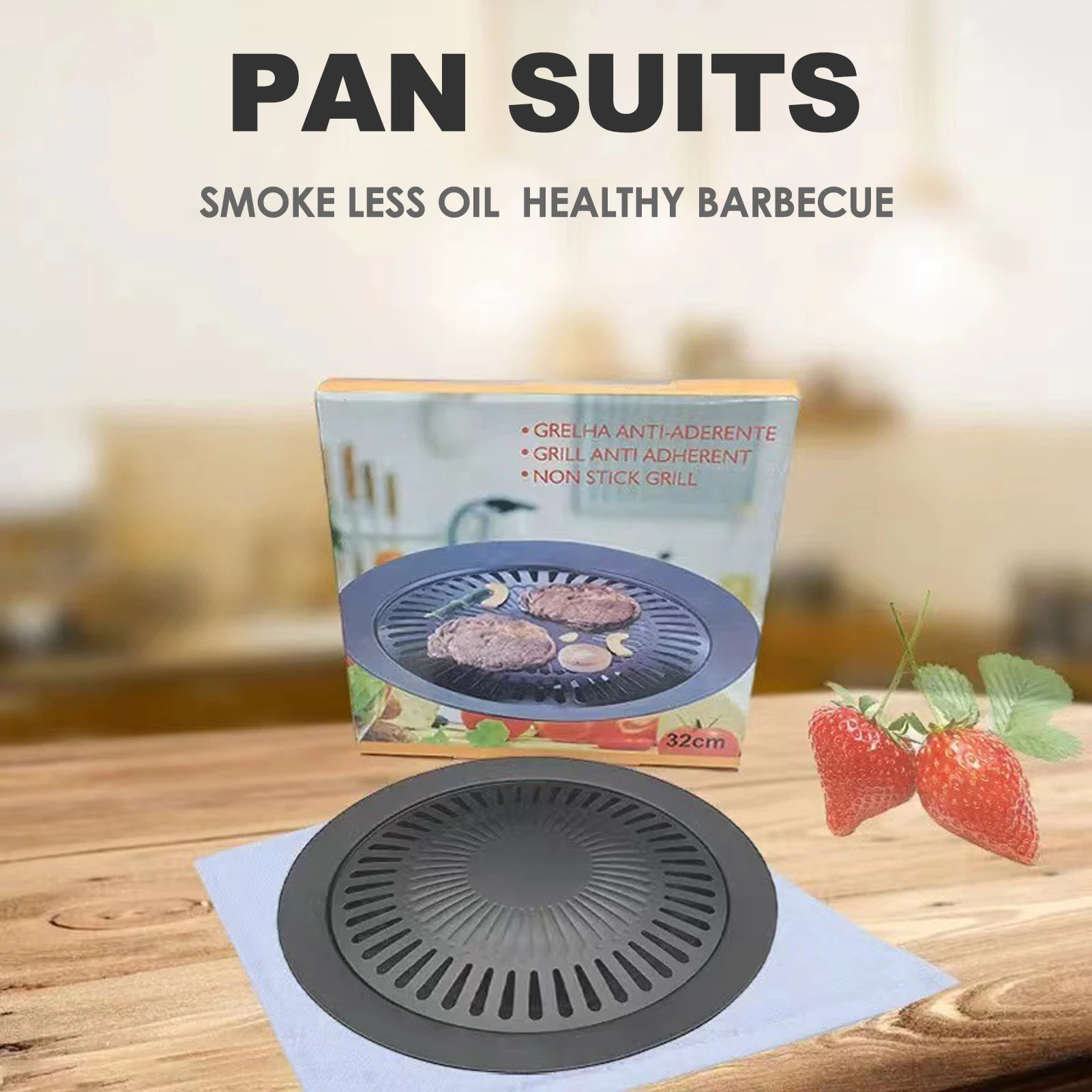 Padella Grill Coreana ZJchao Tonda 38 Cm - Antiaderente, Alluminio Con Rivestimento In Pietra, Per Induzione E Gas - Con Borsa Oxford - 2
