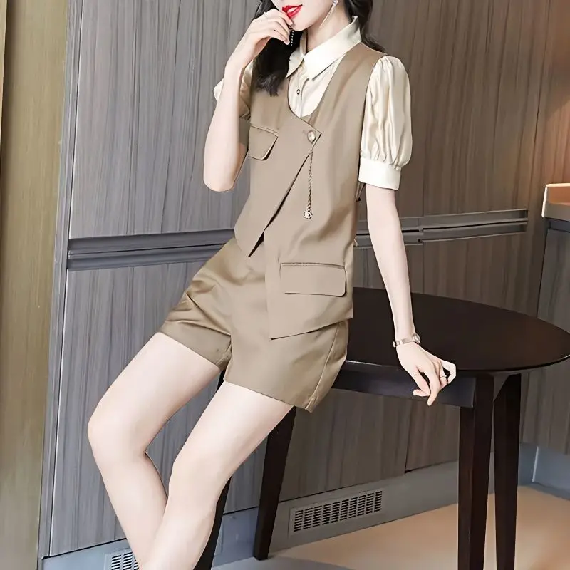 Female Clothing Vintage Solid Color Three-piec Matching Sets Button Fashion Asymmetrical Patchwork Summer All-match Short Sets