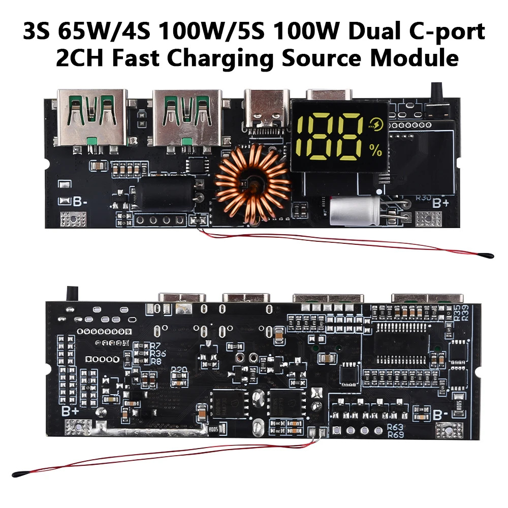 Dual Type-C Port QC2.0 QC3.0 PD 65W 100W LED Power Bank Two-way Fast Charging Mobile Power Module 18650 Charging Module