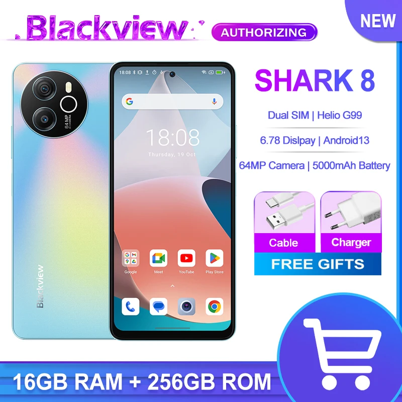 

Blackview SHARK 8 Смартфон 6,78 дюйма Dislpay 16 ГБ 256 ГБ Helio G99 Android13 64 МП Камера 5000 мАч Батарея NFC Сотовый телефон