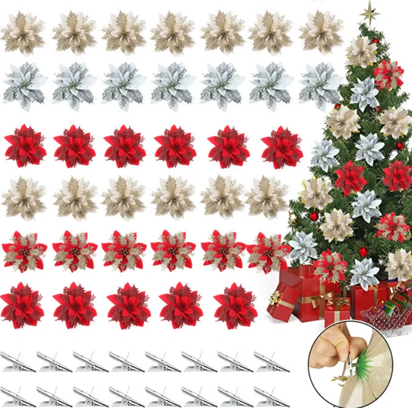 

5pcs 14cm Christmas Flower Artificial Flower Christmas Tree Ornament Christmas Pendant Home New Year Gift Home Decor（with shelf）
