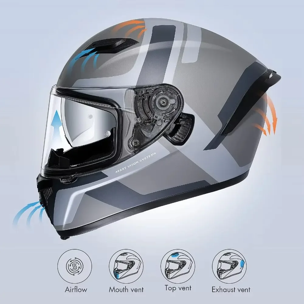 Full Face Motorcycle Helmet with Double Lens Quick Buckle Motorcross Helmets for Unisex DOT Approved ABS Shell FF351 TRIANGLE
