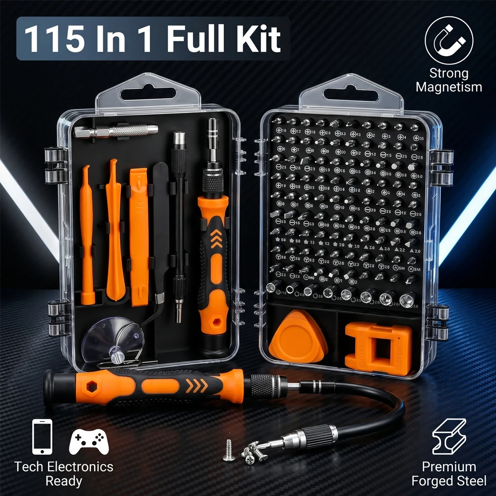 Juego de destornilladores de precisión 115 en 1, kit de puntas magnéticas con eje flexible, herramientas profesionales para reparación de electrónica, portátiles y teléfonos celulares