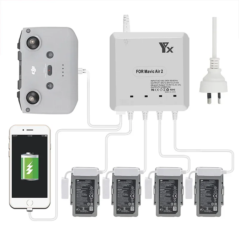 Chargeur Rapide 6 Sorties pour DJI Mavic Air 2/2S - Lot de 4 Adaptateurs