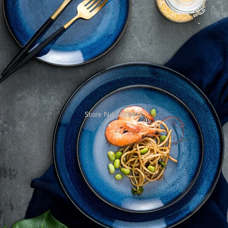 Brief Blue Starry Sky Round Ceramic Plate Restaurant Tableware Porcelain Dinner Plate Steak Pasta Dish Tray Fruit Salad