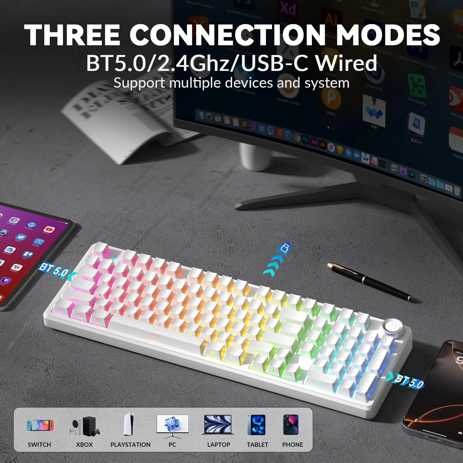 AULA F99 Pro 무선 기계식 키보드 BT5.0/2.4GHz/USB-C 핫 스왑 가능 맞춤형 RGB 백라이트 키보드 사전 윤활된 선형 스위치
