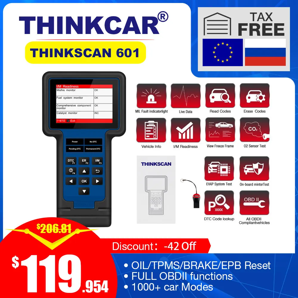 Новое поступление оригинальный Thinkcar ThinkScan 601 obd2 сканер кода для двигателя ABS