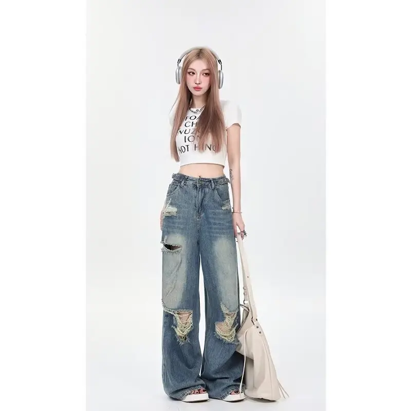 Women's Ripped Wide Leg Jeans - Y2K Coquette Baggy Flare Denim