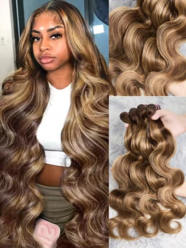 Ombre Highlight Body Wave Hair Bundles 22 24 26 28 Inch Remy Hair Extensions 4/27 Colored 100% Human Hair Brazilian Hair Weave 1