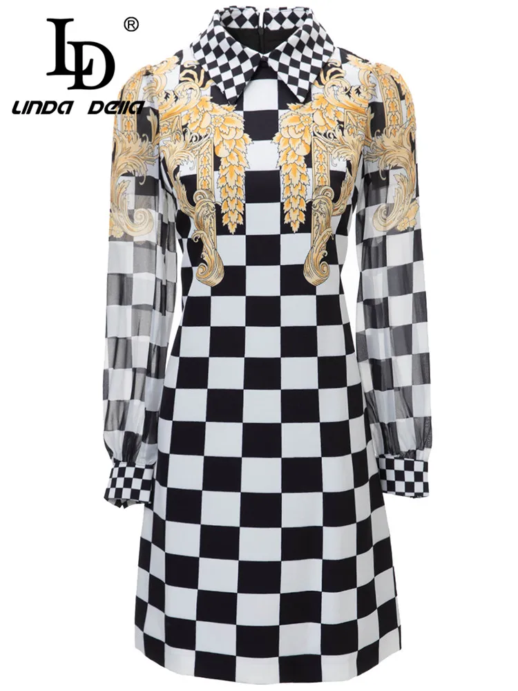 LD LINDA DELLA 2024 luxury designer party Dresses for Women's Lapel Print Slim Fit Plaid High waist Elegant Pretty Dresses