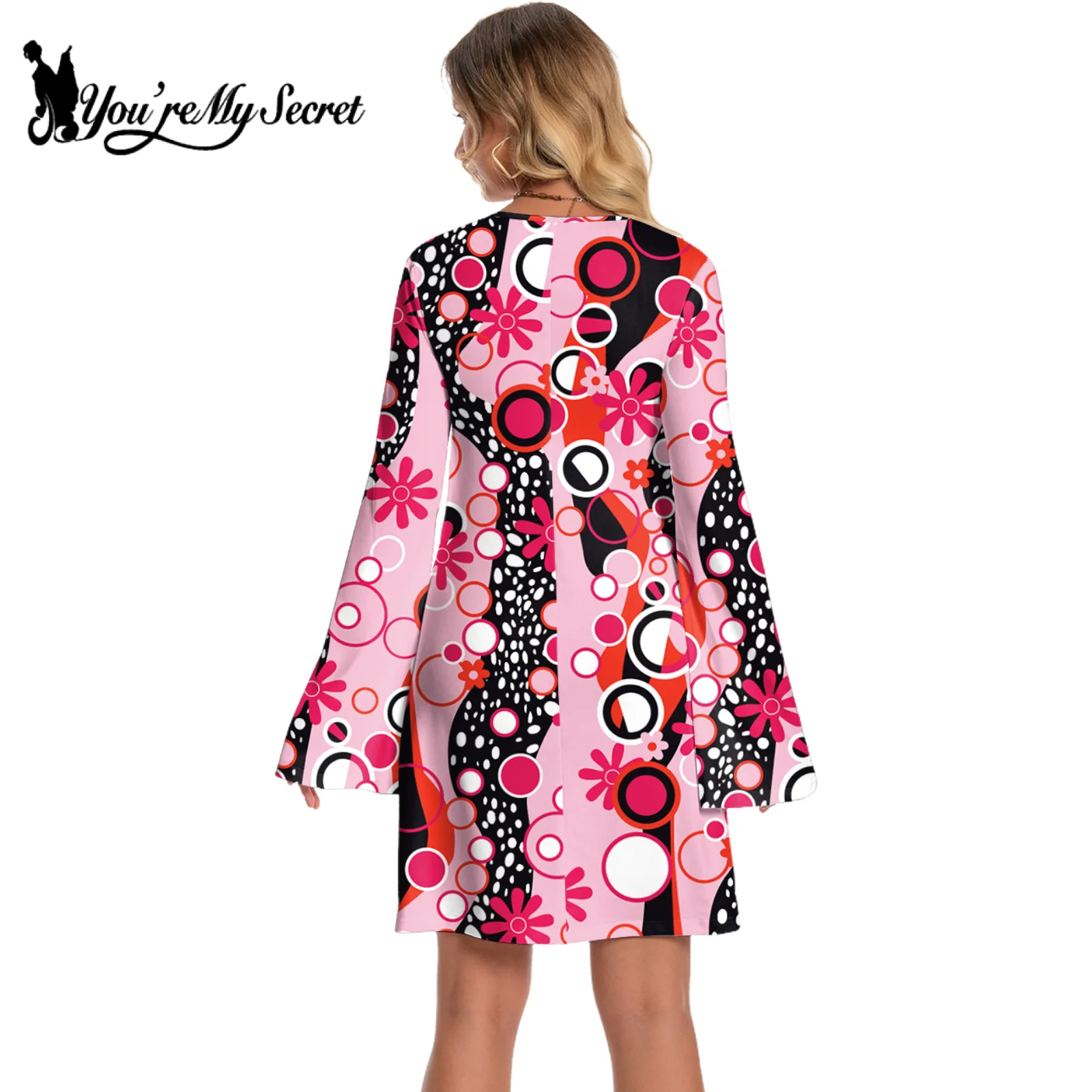 [You're My Secret] Women 70s Floral Printed Disco Dress Hippie Clothes Accessories Halloween Dance Costumes Holiday Clothes 6