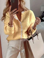 Autumn and winter fashion elegant long sleeved lace patchwork cardigan knitted sweater - Image 4